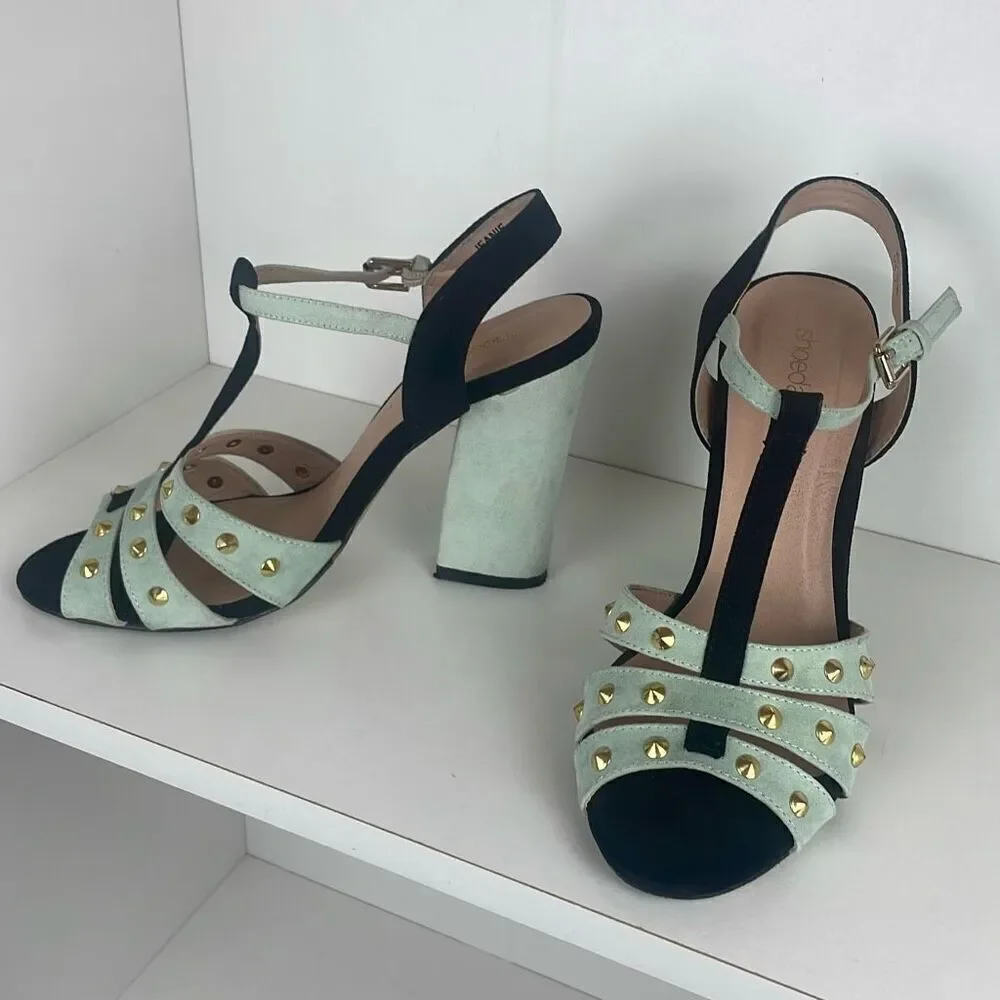 Gold Spiked Caged Faux Suede T-Strap Heels 7